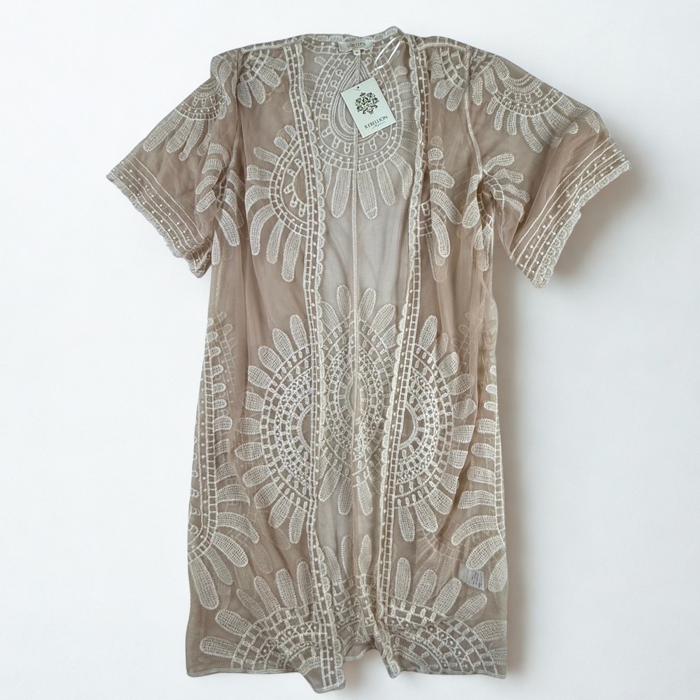 Boho Romantic Kimono Cardigan Womens M Tan White Embroidered Rebellion Again NWT